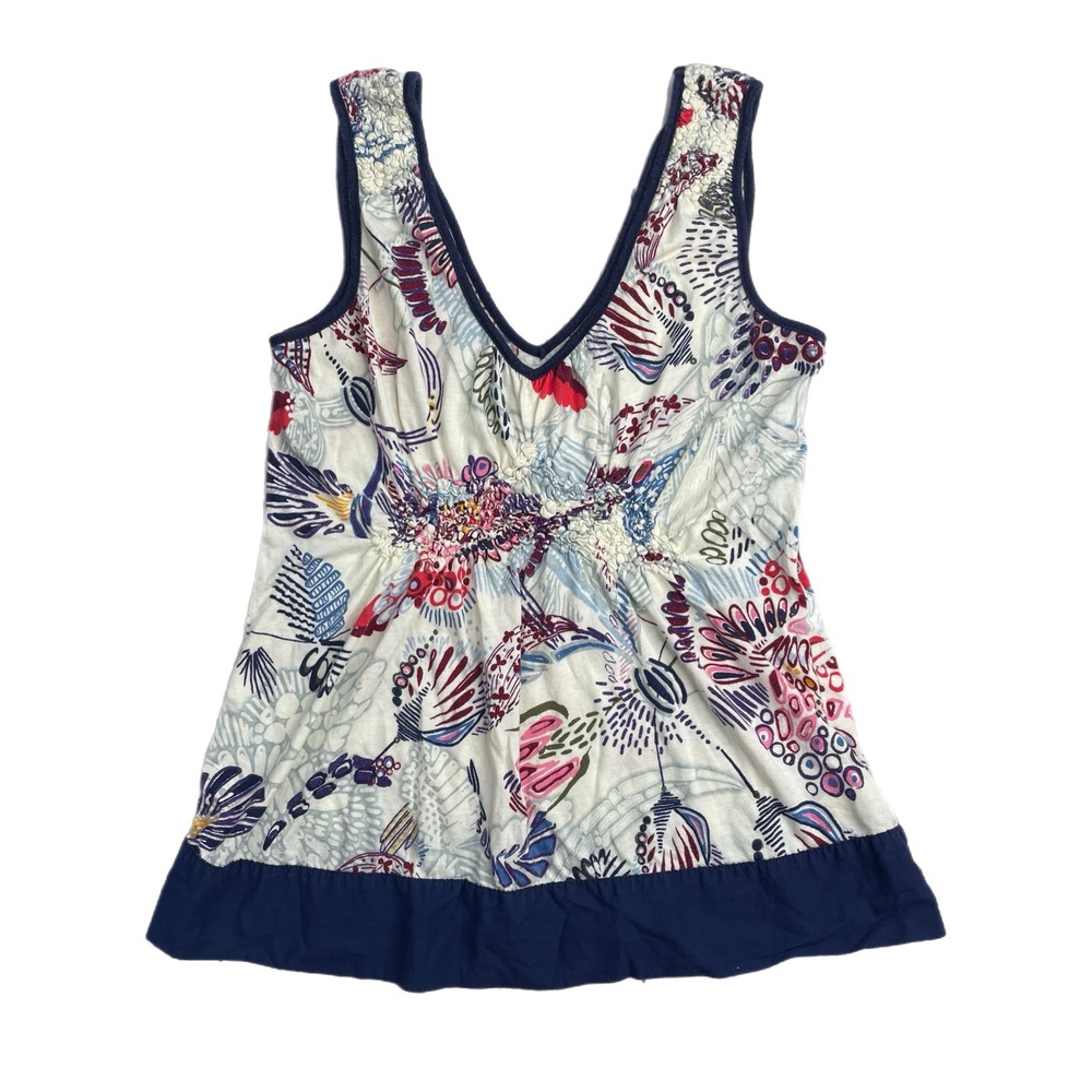Anthropologie Ric Rac Y2k Sleeveless Tank Top V-Neck Navy Trim Casual Blouse‎ S